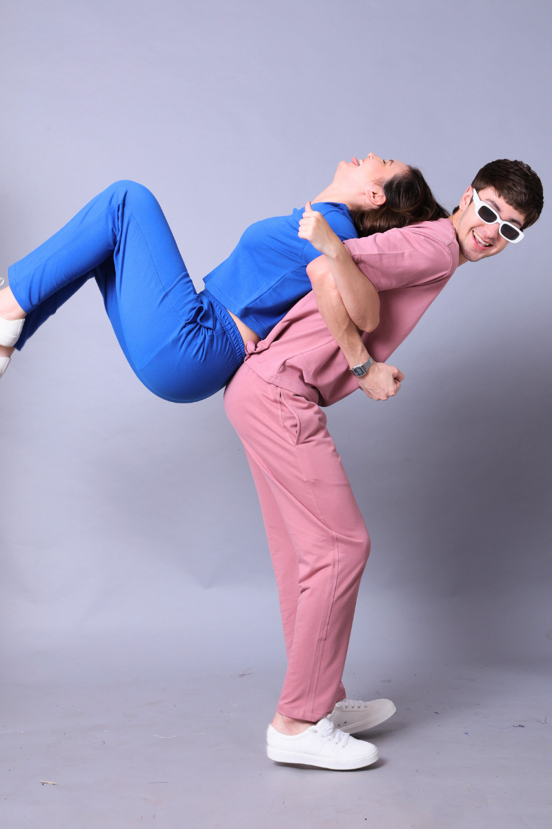Royal Blue & Fuchsia Pink Couple Co-Ord Set – Crop Top & Oversized Tee with Joggers (Pack of 2)