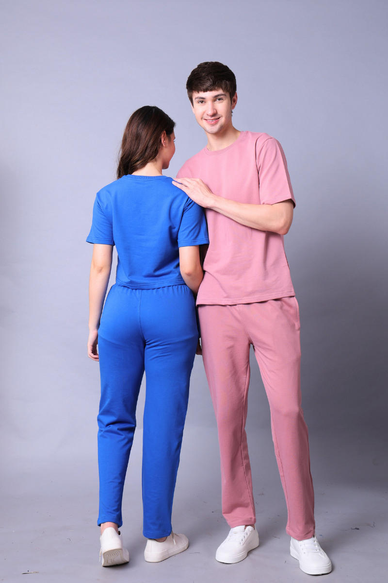 Royal Blue & Fuchsia Pink Couple Co-Ord Set – Crop Top & Oversized Tee with Joggers (Pack of 2)