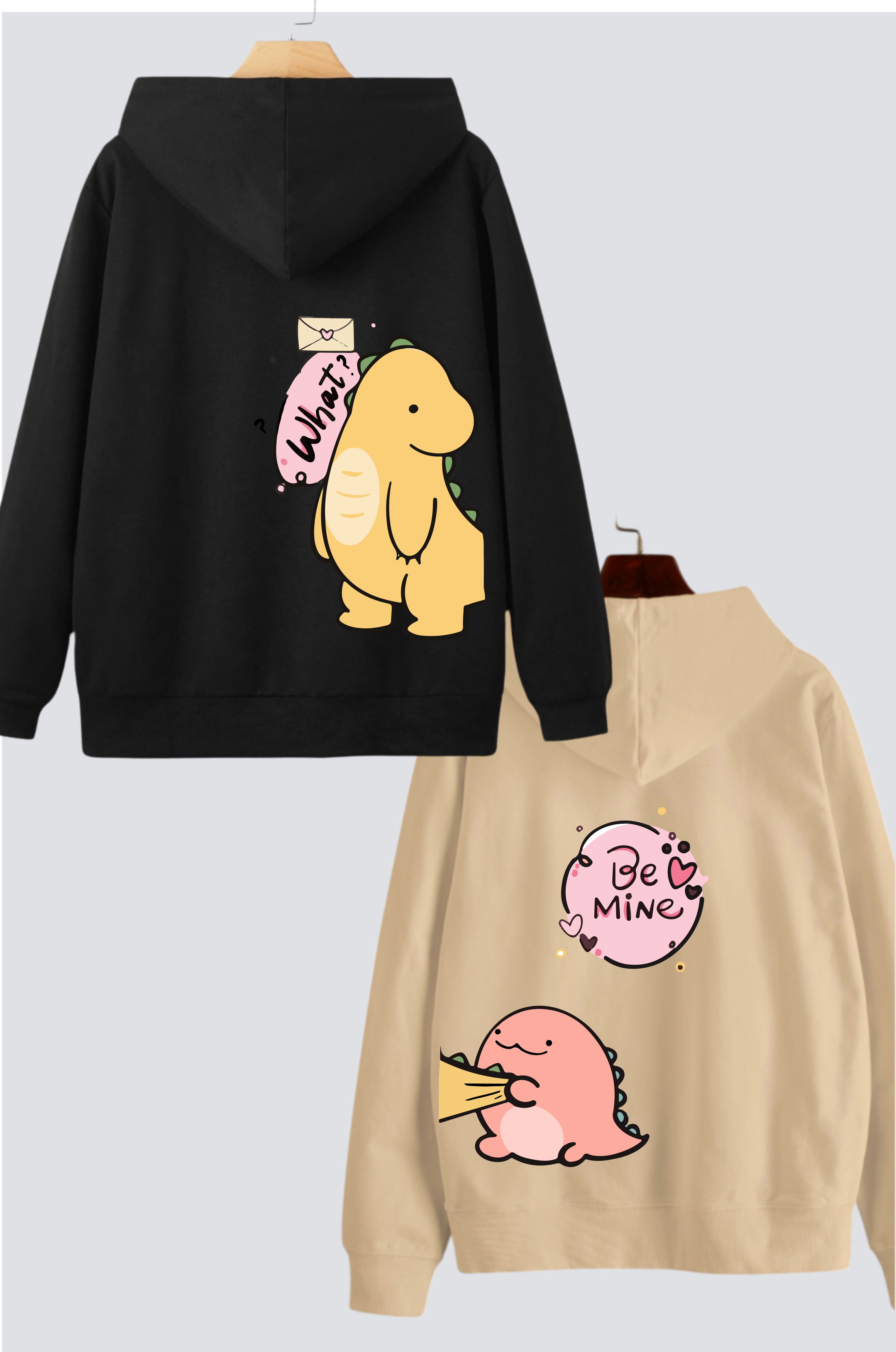 Dino Love Black & Beige Oversized Drop Shoulder Hoodies - Pack of 2