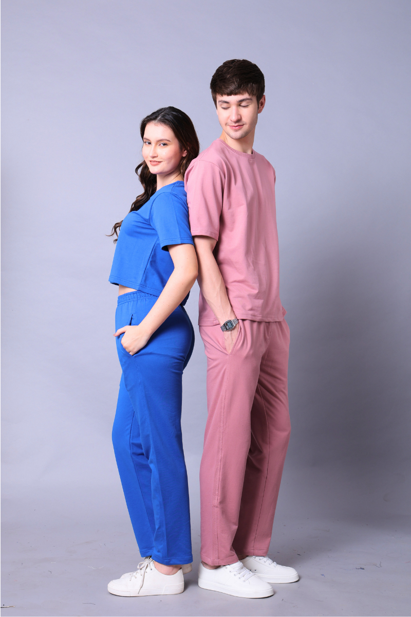 Royal Blue & Fuchsia Pink Couple Co-Ord Set – Crop Top & Oversized Tee with Joggers (Pack of 2)