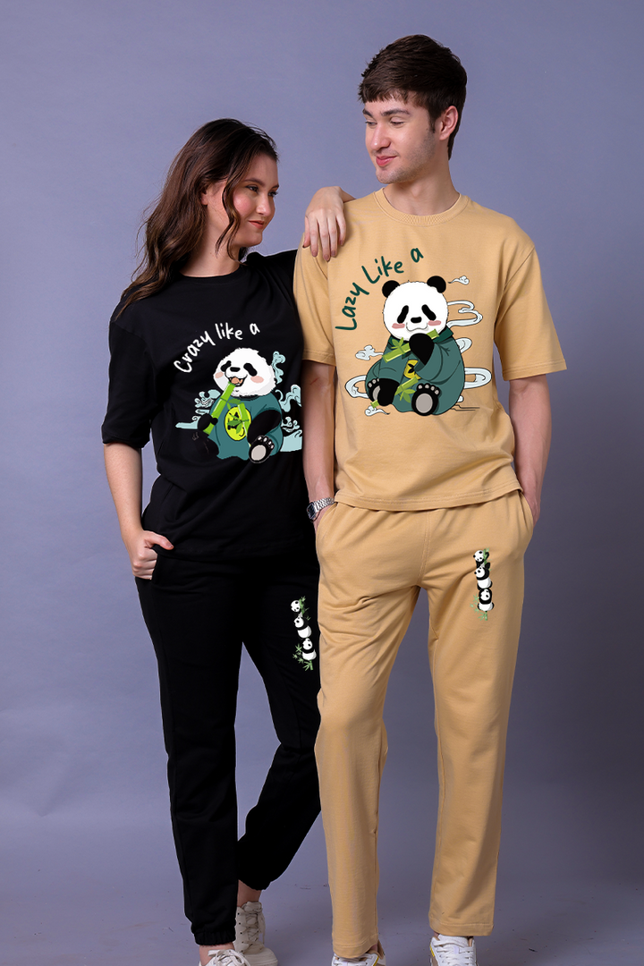 Lazy & Crazy Panda Couple Co-Ord Set With Joggers (Pack of 2)