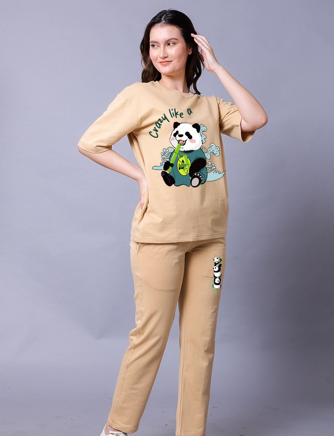 Crazy Like A Panda Women Beige Co-Ord Set - Oversized Tee With Jogger