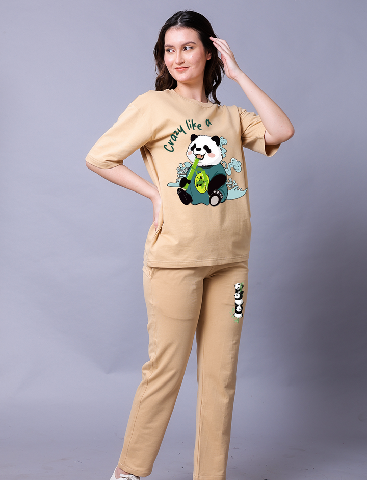 Crazy Like A Panda Women Beige Co-Ord Set - Oversized Tee With Jogger