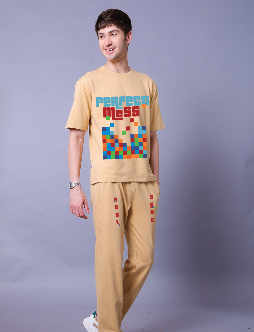 Perfect Mess Men Co-Ord Set - Beige Oversized Tee With Jogger