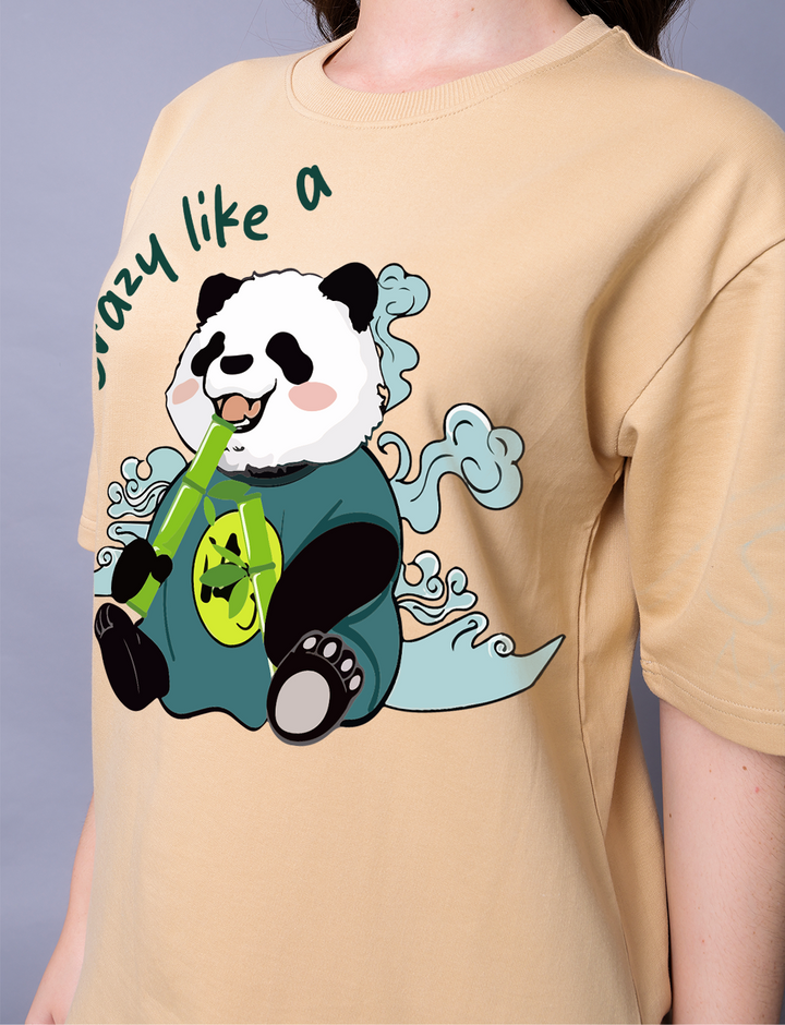 Crazy Like A Panda Women Beige Co-Ord Set - Oversized Tee With Jogger