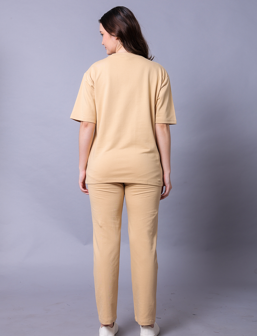 Crazy Like A Panda Women Beige Co-Ord Set - Oversized Tee With Jogger