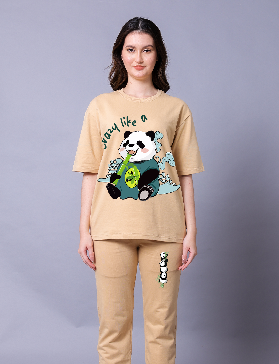 Crazy Like A Panda Women Beige Co-Ord Set - Oversized Tee With Jogger