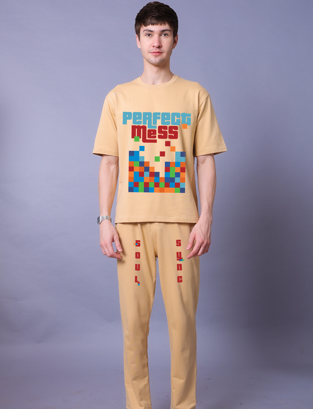 Perfect Mess Men Co-Ord Set - Beige Oversized Tee With Jogger