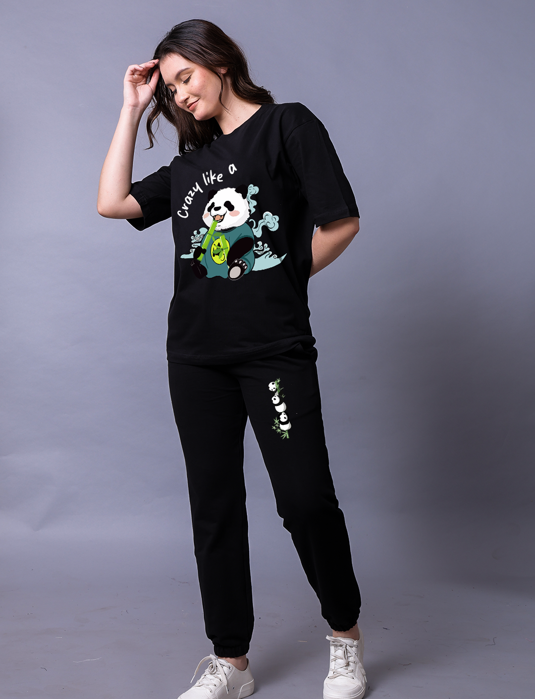 Crazy Like A Panda Women Black Co-Ord Set - Oversized Tee With Jogger