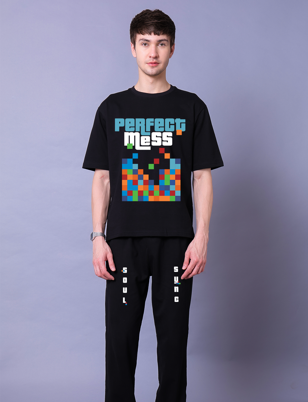 Perfect Mess Men Co-Ord Set - Black Oversized Tee With Jogger