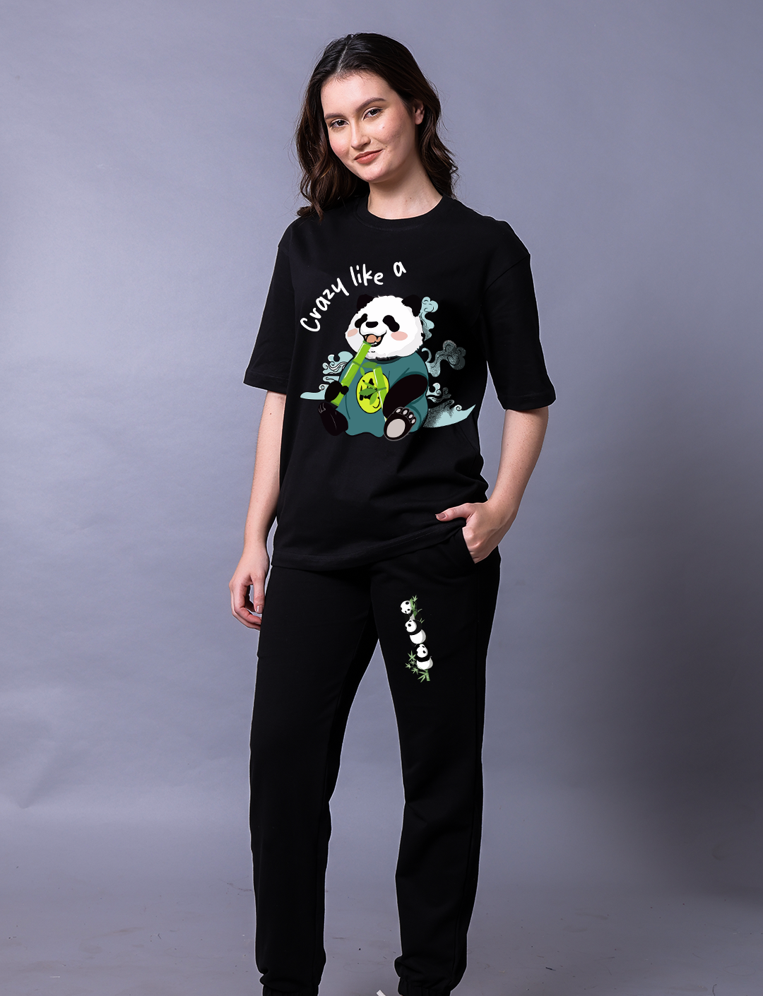 Crazy Like A Panda Women Black Co-Ord Set - Oversized Tee With Jogger