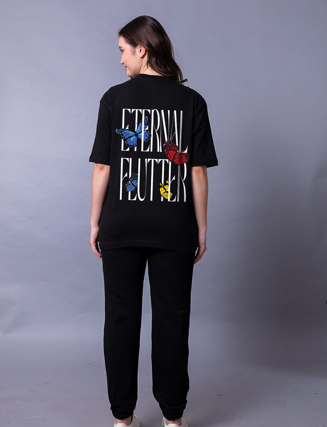Eternal Flutter Butterfly Women Black Co-Ord Set With Joggers
