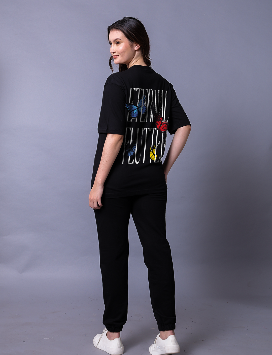 Eternal Flutter Butterfly Women Black Co-Ord Set With Joggers