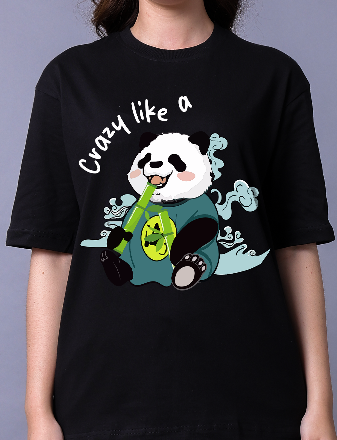 Crazy Like A Panda Women Black Co-Ord Set - Oversized Tee With Jogger