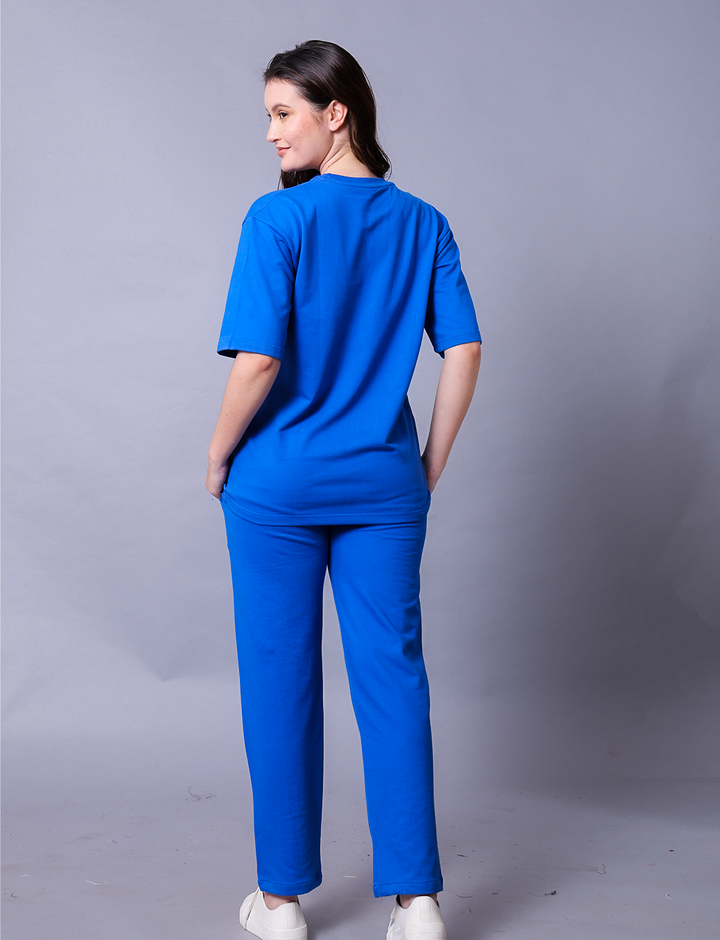 Crazy Like A Panda Women Blue Co-Ord Set - Oversized Tee With Jogger