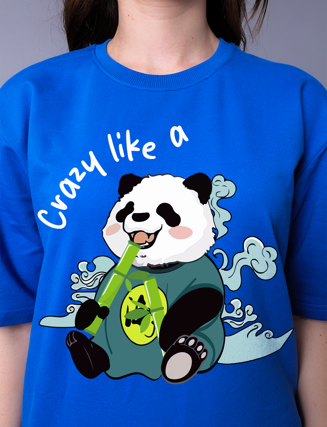 Crazy Like A Panda Women Blue Co-Ord Set - Oversized Tee With Jogger