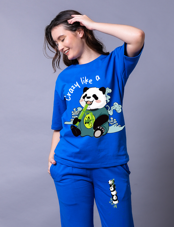 Crazy Like A Panda Women Blue Co-Ord Set - Oversized Tee With Jogger