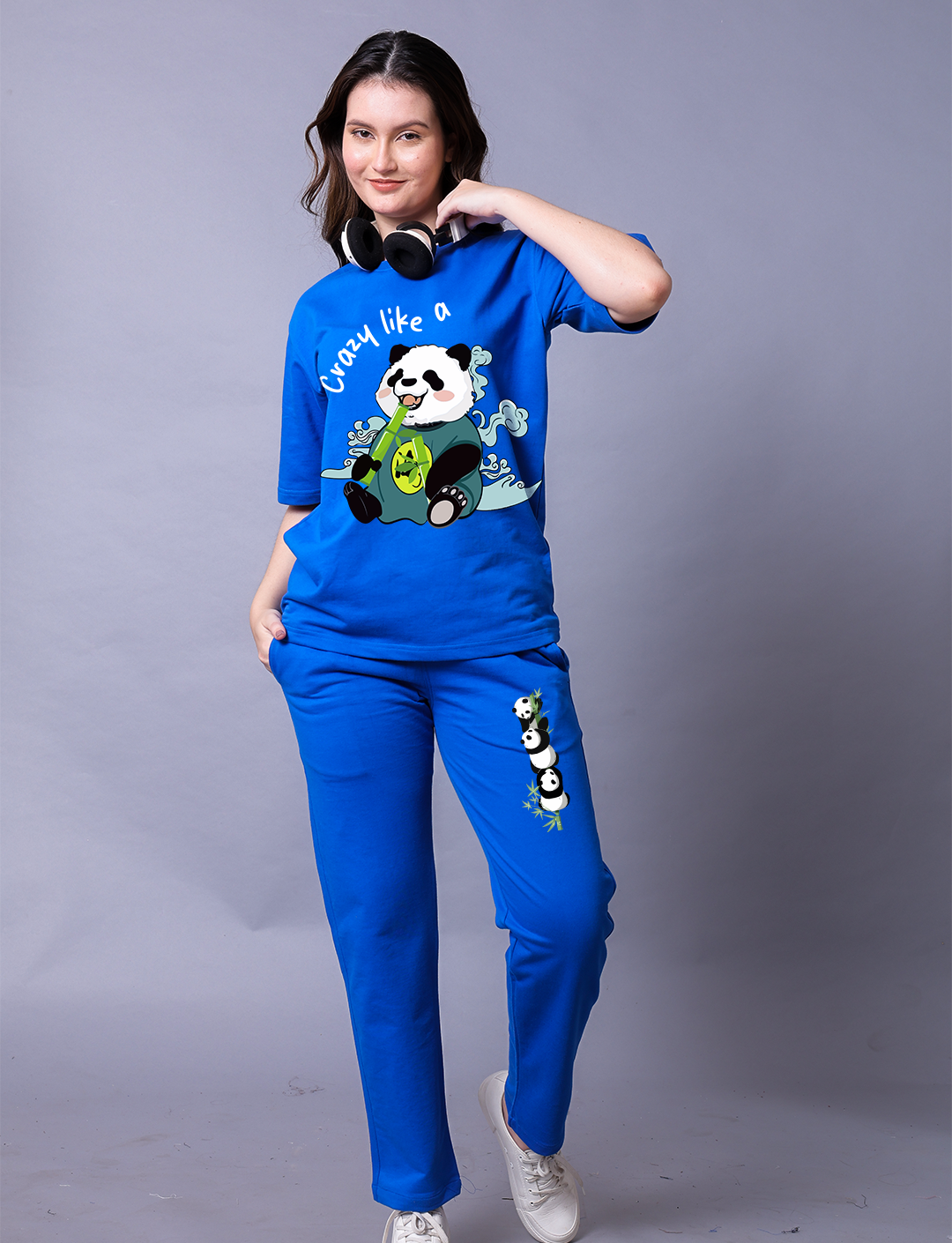 Crazy Like A Panda Women Blue Co-Ord Set - Oversized Tee With Jogger