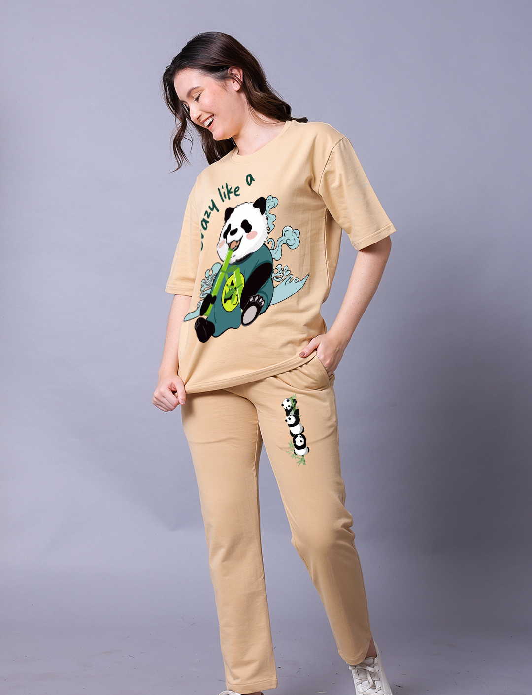 Crazy Like A Panda Women Co-Ord Set - Oversized Tee With Jogger