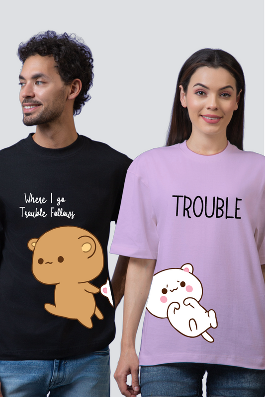 Playful Partners: 'Trouble Duo' Oversized Couple T-Shirts (Pack of 2)