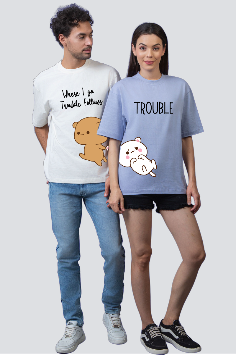 Playful Partners: 'Trouble Duo' Oversized Couple T-Shirts (Pack of 2)