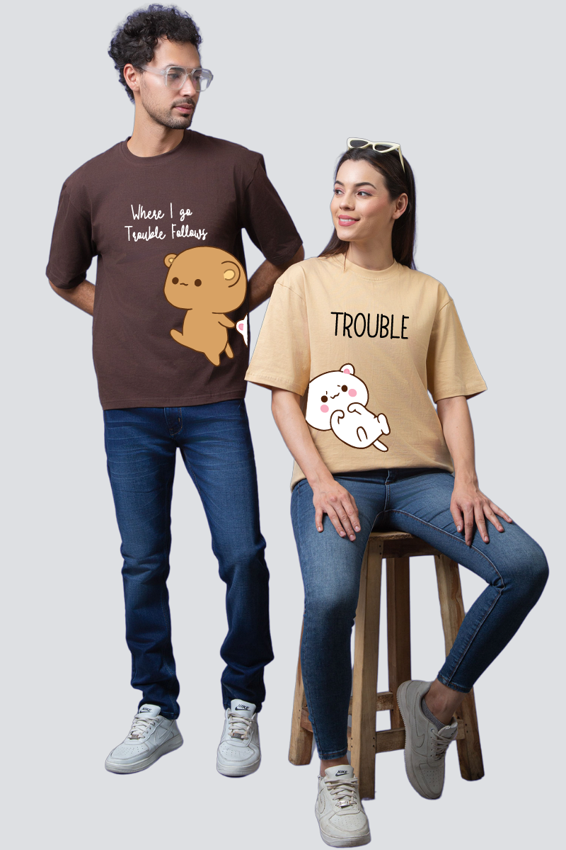 Playful Partners: 'Trouble Duo' Oversized Couple T-Shirts (Pack of 2)