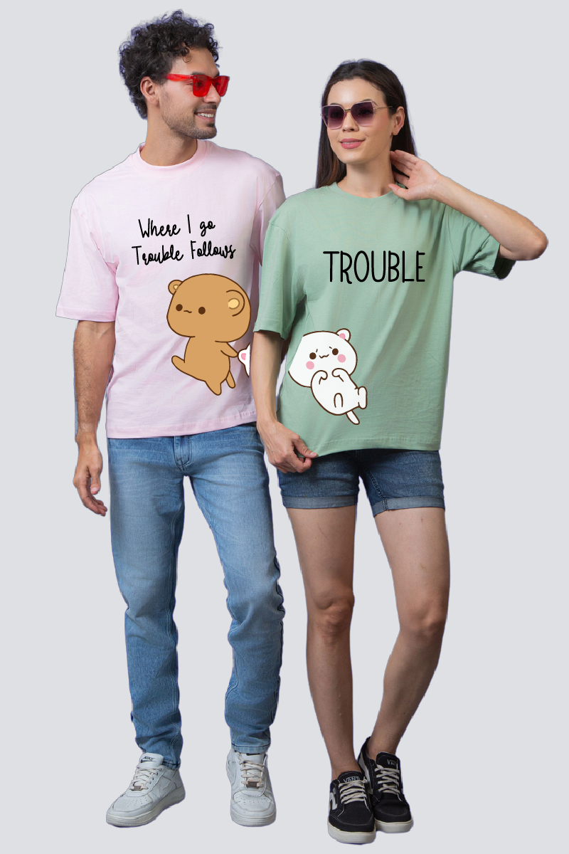 Playful Partners: 'Trouble Duo' Oversized Couple T-Shirts (Pack of 2)