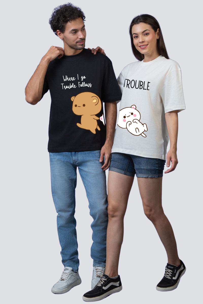 Playful Partners: 'Trouble Duo' Oversized Couple T-Shirts (Pack of 2)