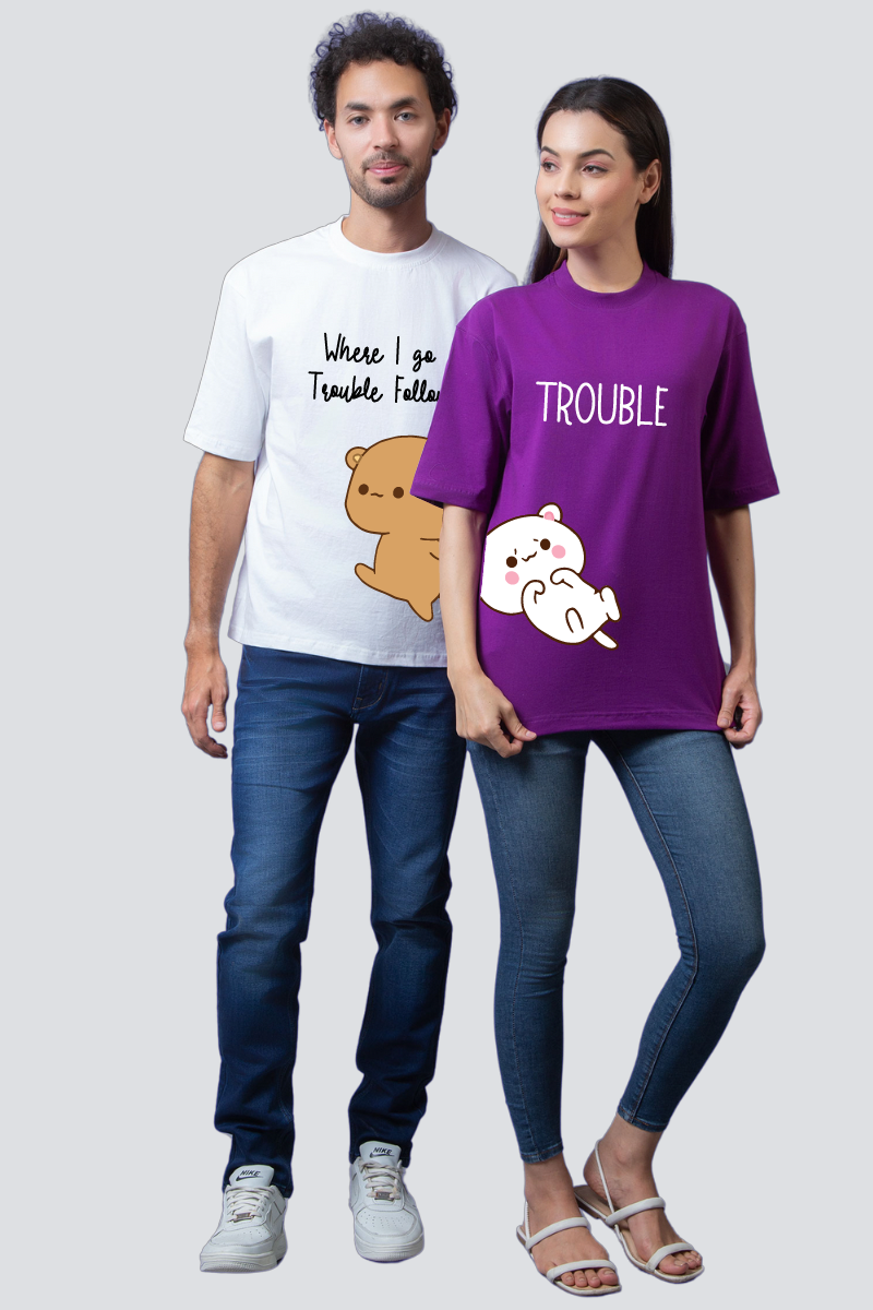 Playful Partners: 'Trouble Duo' Oversized Couple T-Shirts (Pack of 2)