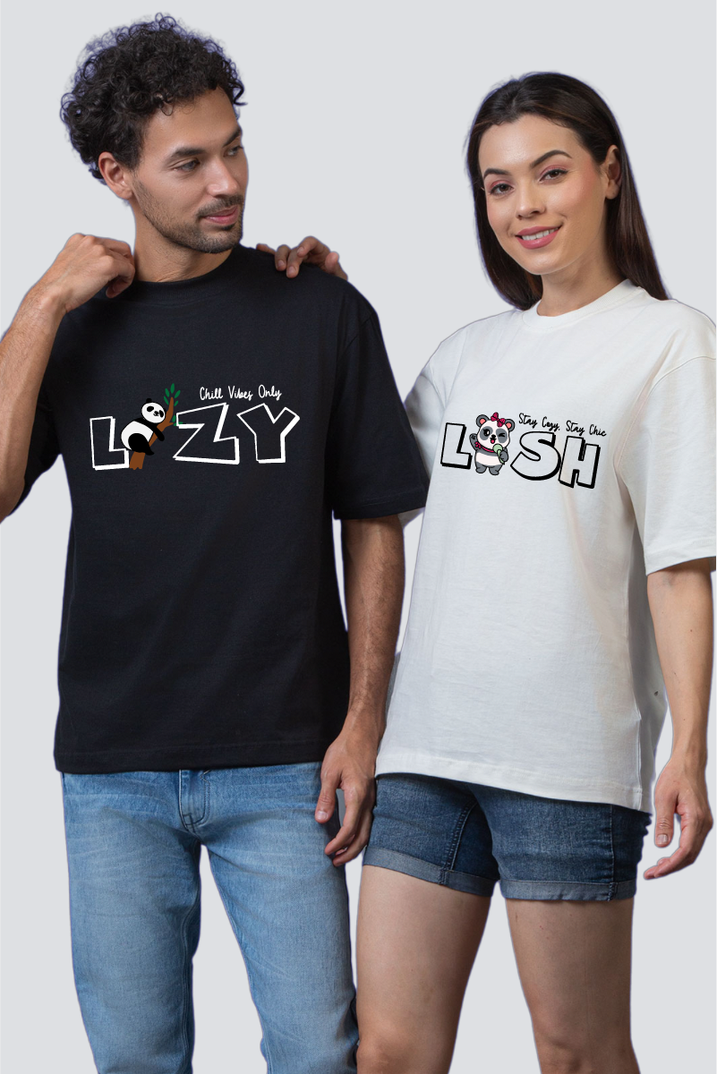 'Lazy' and 'Lush' Panda Edition Oversized Couple T-Shirts (Pack of 2)