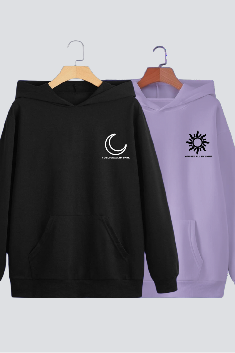 Sun Moon Couple Oversized Drop Shoulder Hoodies - Pack of 2