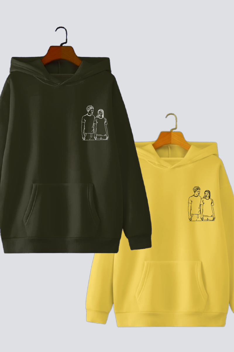 Customised Line Art Couple Oversized Drop shoulder Hoodies - Pack of 2