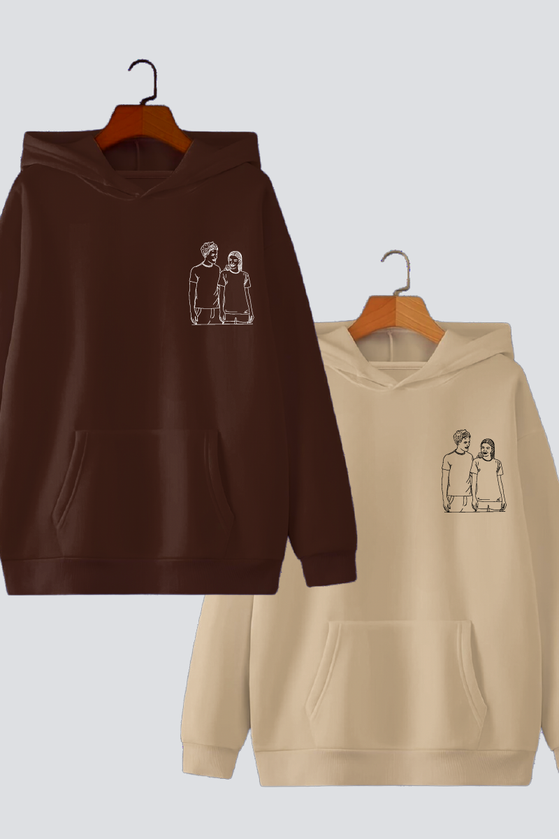 Customised Line Art Couple Oversized Drop shoulder Hoodies - Pack of 2