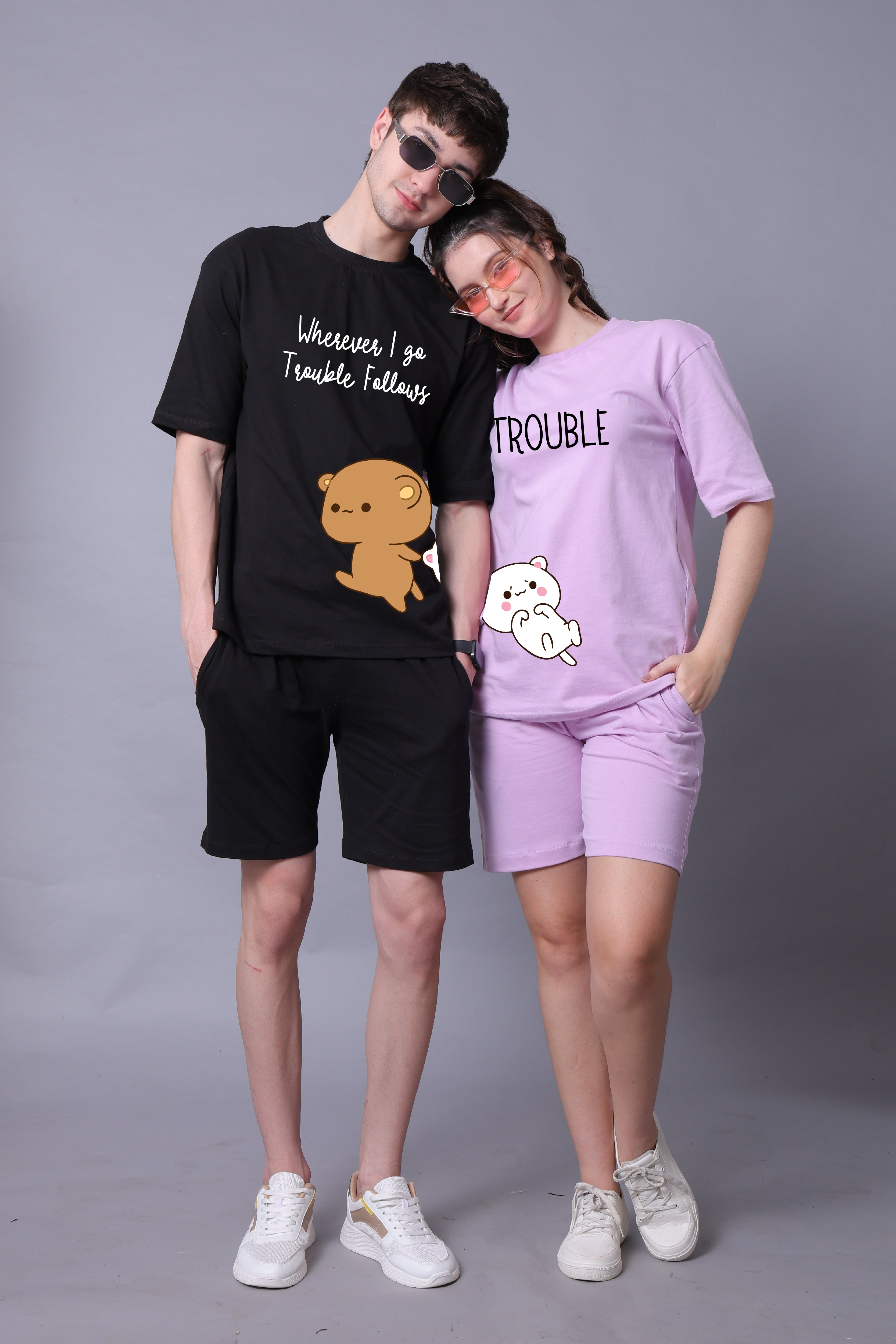 Playful Partners: 'Trouble Duo' Oversized Couple T-Shirts (Pack of 2)