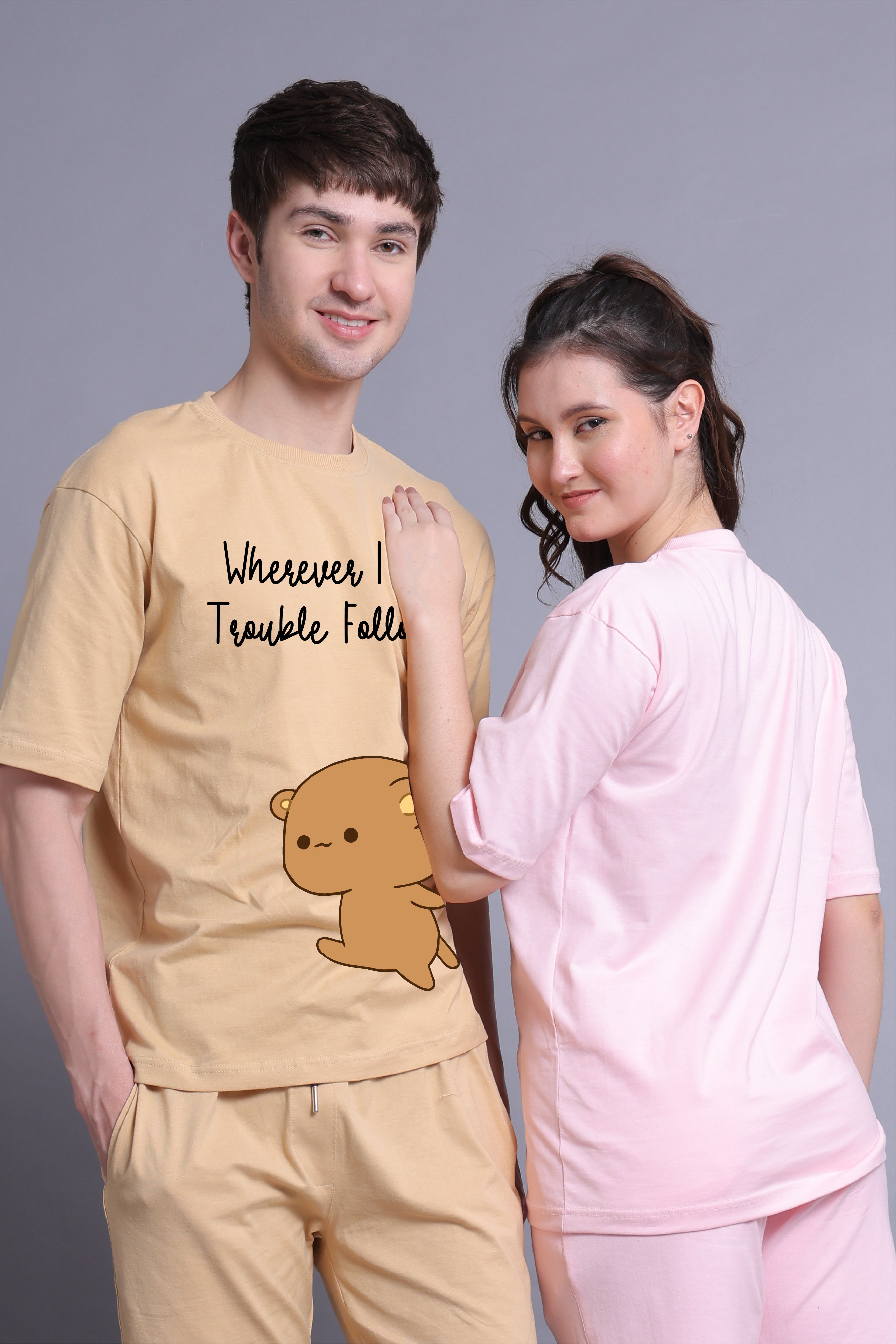 Playful Partners: 'Trouble Duo' Oversized Couple T-Shirts (Pack of 2)