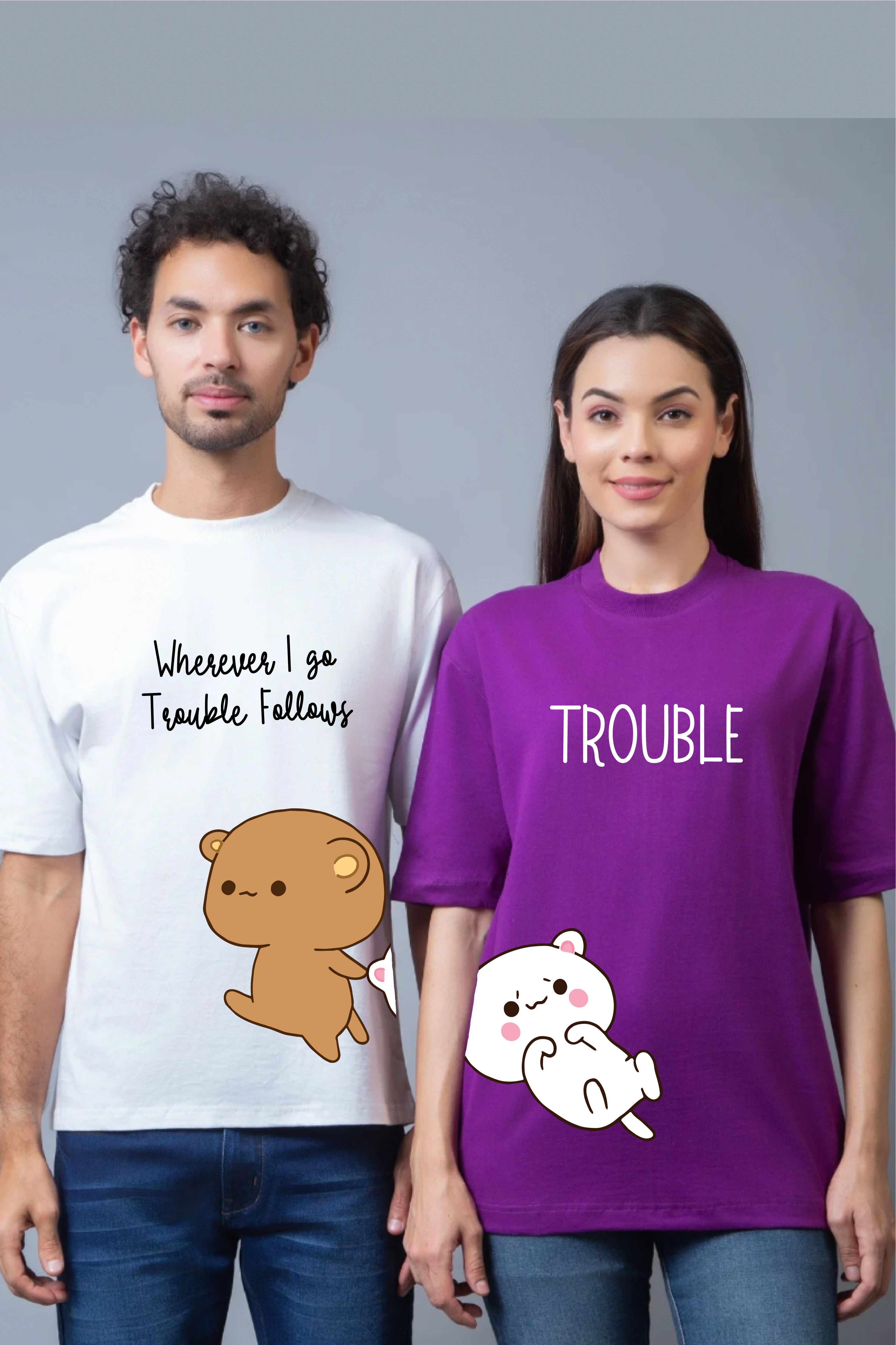Playful Partners: 'Trouble Duo' Oversized Couple T-Shirts (Pack of 2)