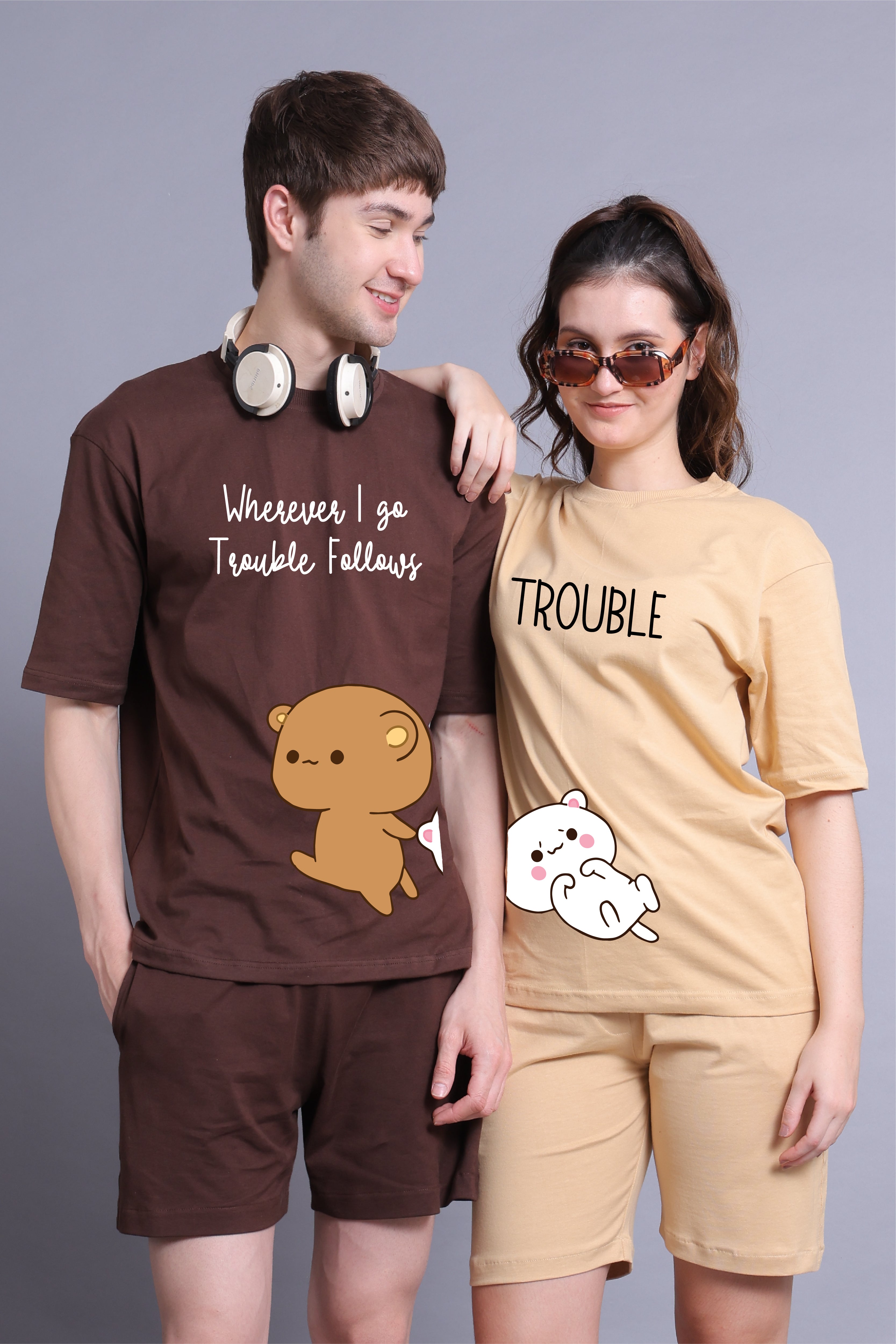 Playful Partners: 'Trouble Duo' Oversized Couple T-Shirts (Pack of 2)