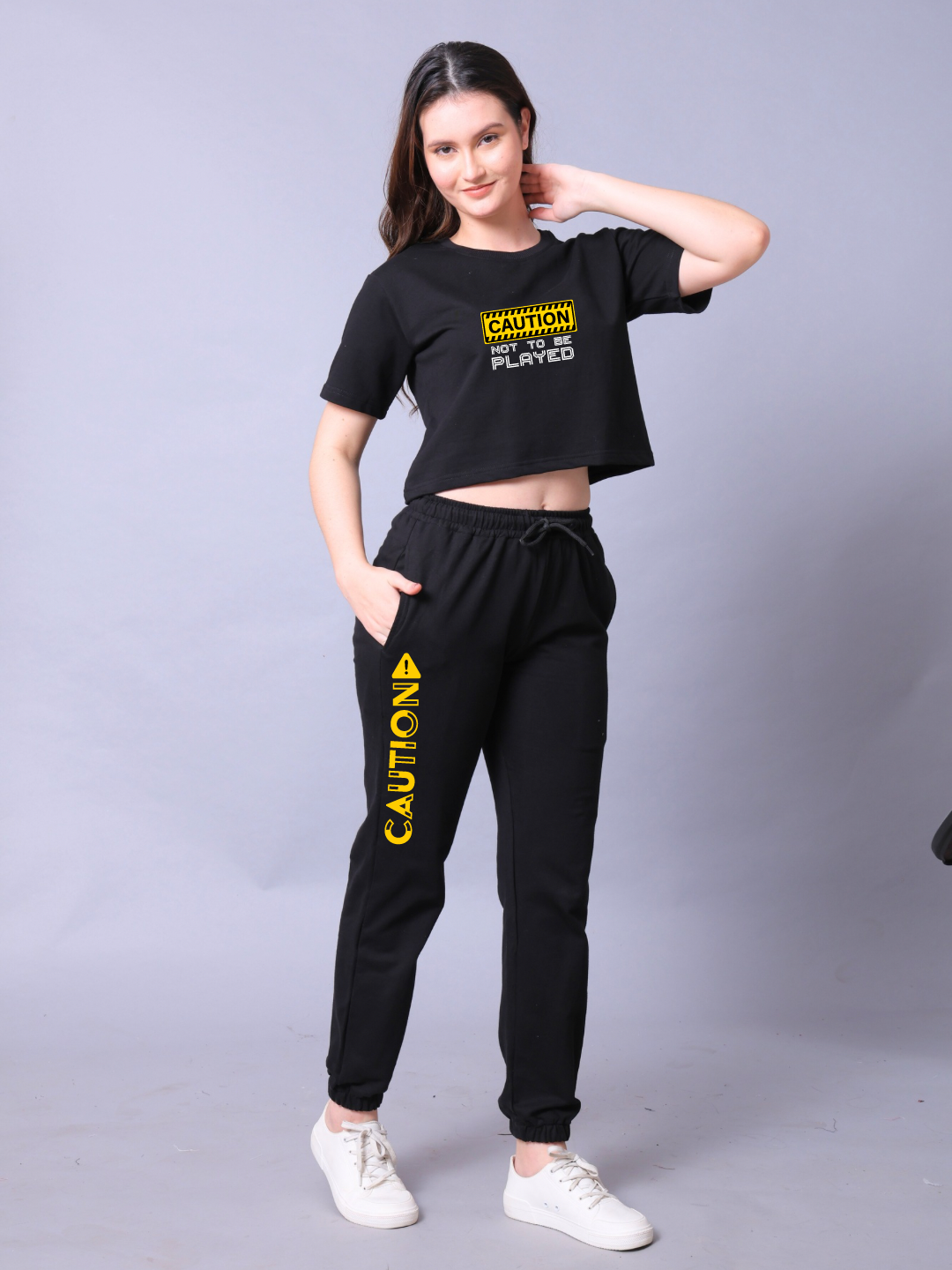 Caution Women Co-Ord Set - Crop Top with Joggers