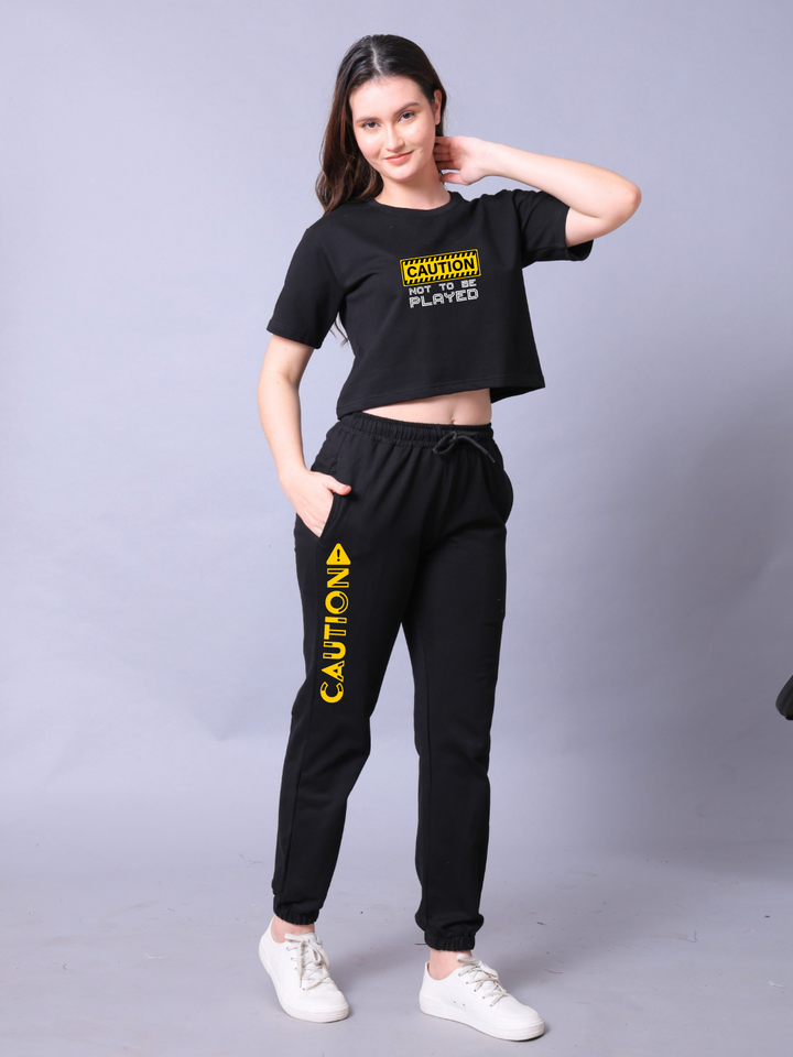 Caution Women Co-Ord Set - Crop Top with Joggers