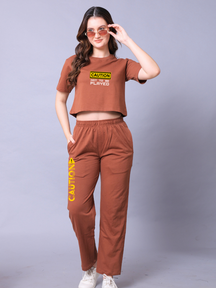 Caution Women Co-Ord Set - Crop Top with Joggers