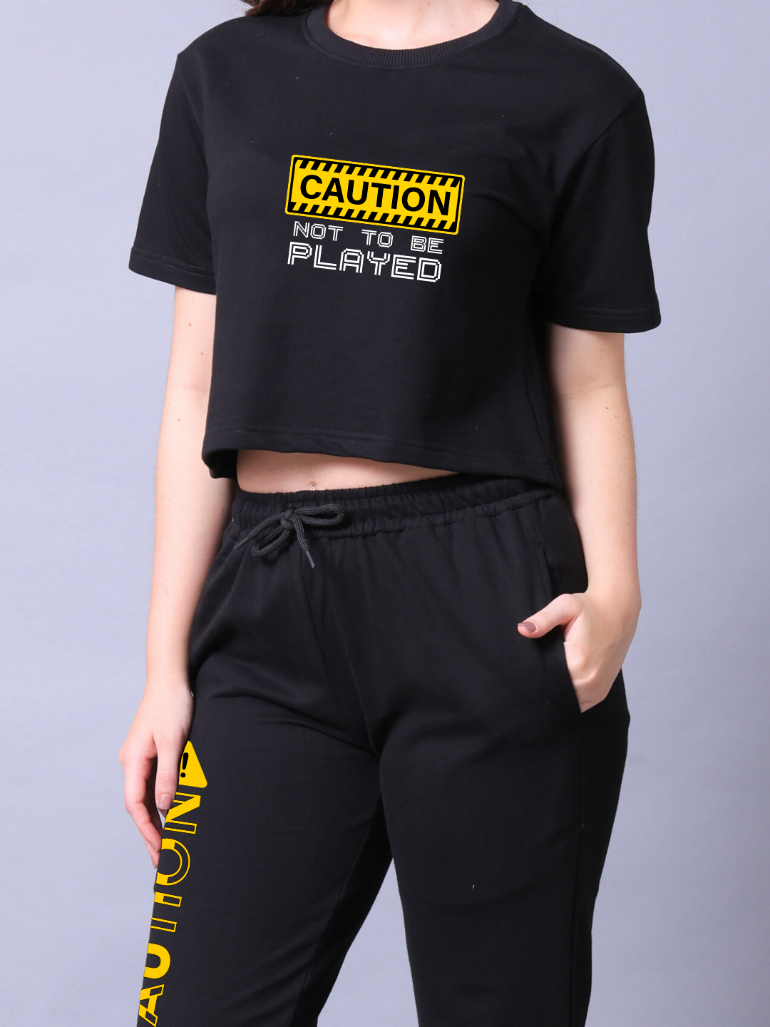 Caution Women Co-Ord Set - Crop Top with Joggers