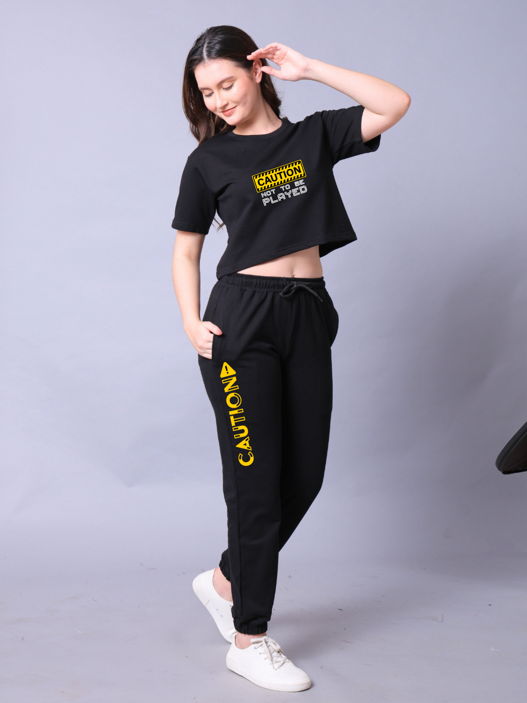 Caution Women Co-Ord Set - Crop Top with Joggers