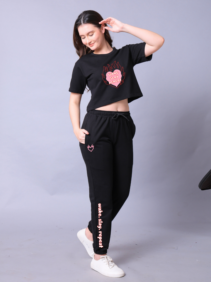 Wake Slay Repeat Women Co-Ord Set - Crop Top with Joggers