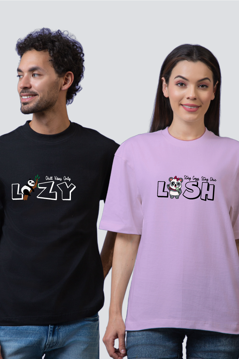 'Lazy' and 'Lush' Panda Edition Oversized Couple T-Shirts (Pack of 2)