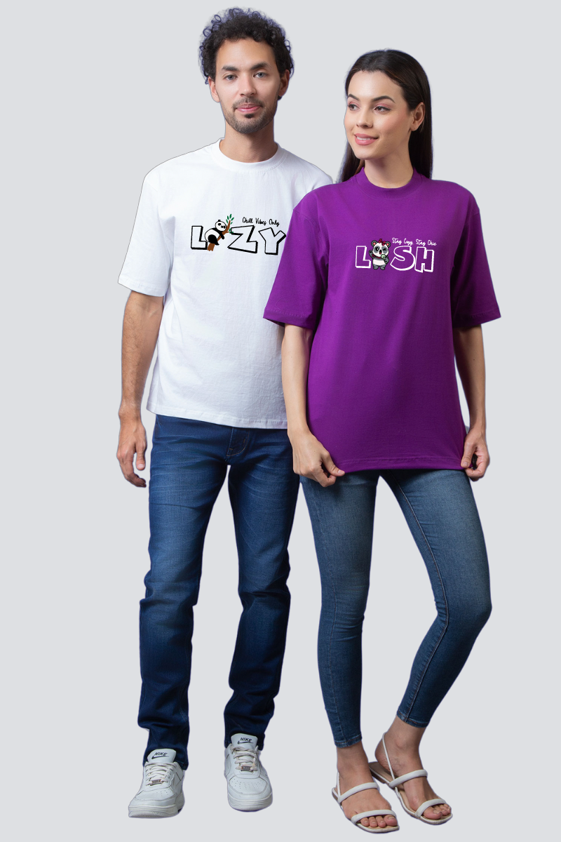 'Lazy' and 'Lush' Panda Edition Oversized Couple T-Shirts (Pack of 2)