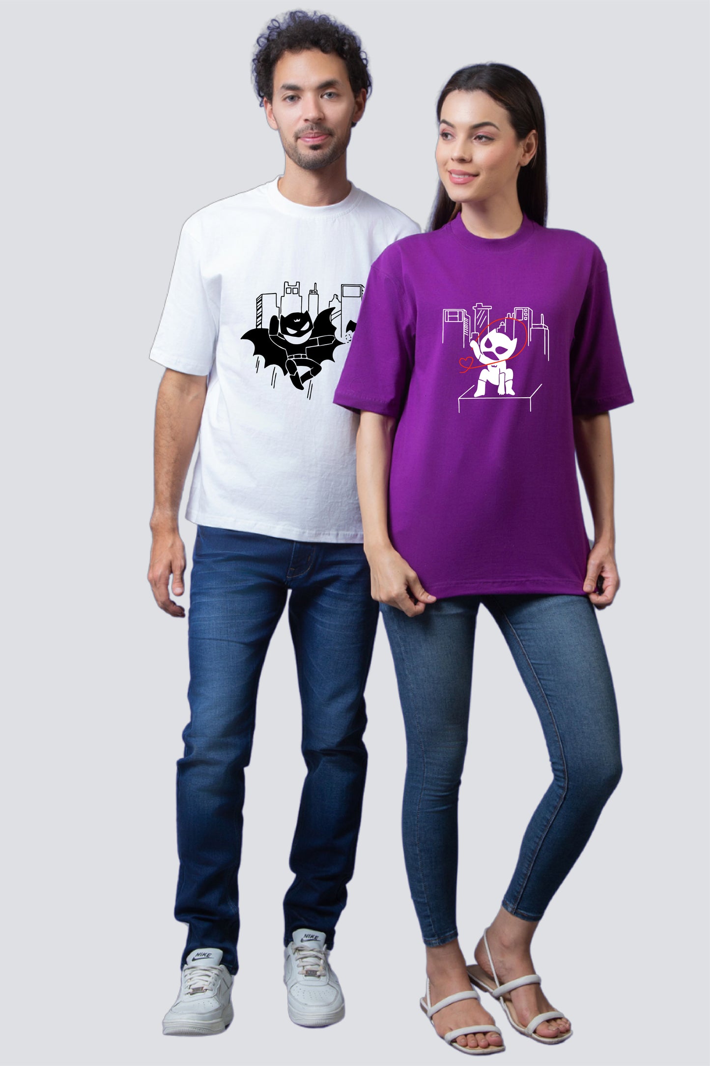 Nighttime Vigilante and Feline Fatale Oversized Couple T-Shirts (Pack of 2)