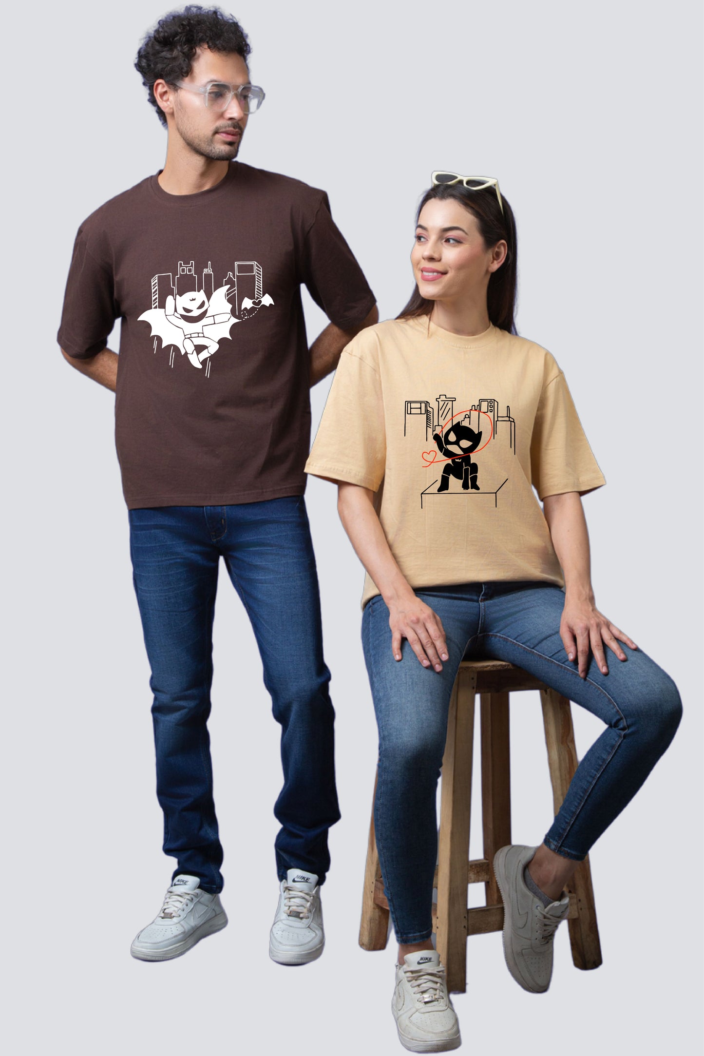 Nighttime Vigilante and Feline Fatale Oversized Couple T-Shirts (Pack of 2)