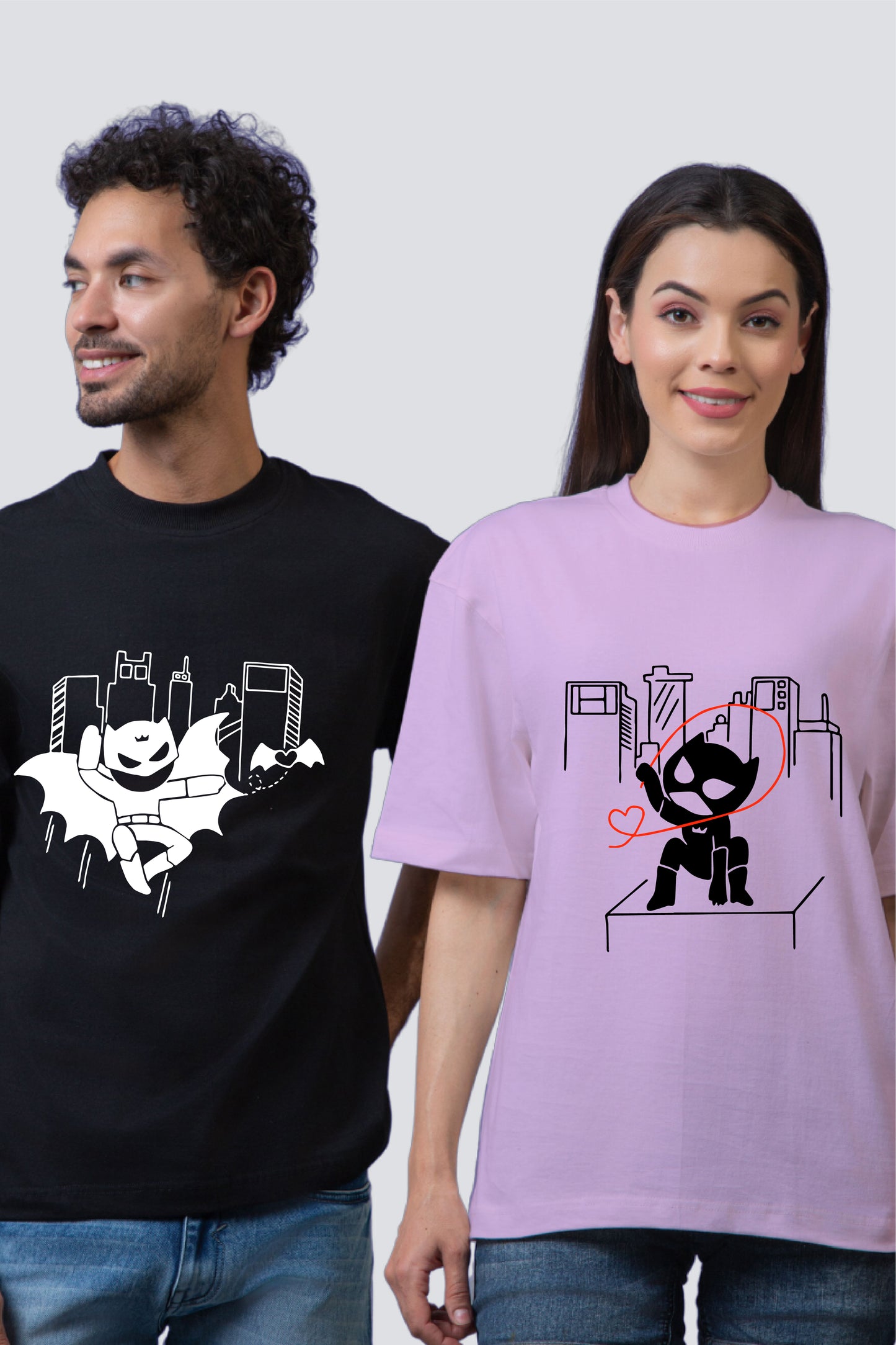 Nighttime Vigilante and Feline Fatale Oversized Couple T-Shirts (Pack of 2)