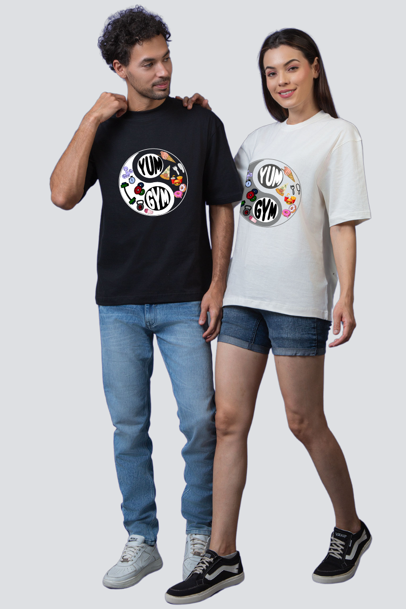 The 'Yum' and 'Gym' Harmony Oversized Couple T-Shirts (Pack of 2)