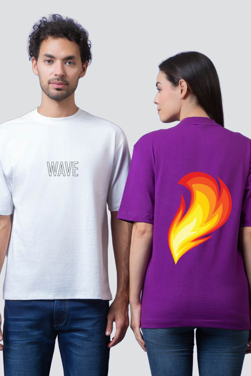 Elemental Affinity: 'Wave & Ember' Oversized Couple T-Shirts (Pack of 2)